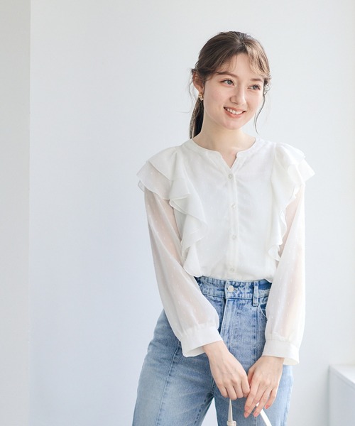 12Twelve Agenda(トゥエルブ アジェンダ)の「シアーフリルシャツブラウス(シャツ/ブラウス・レディース・ブラック/サックスブルー/オフホワイト・M)」の4枚目の写真