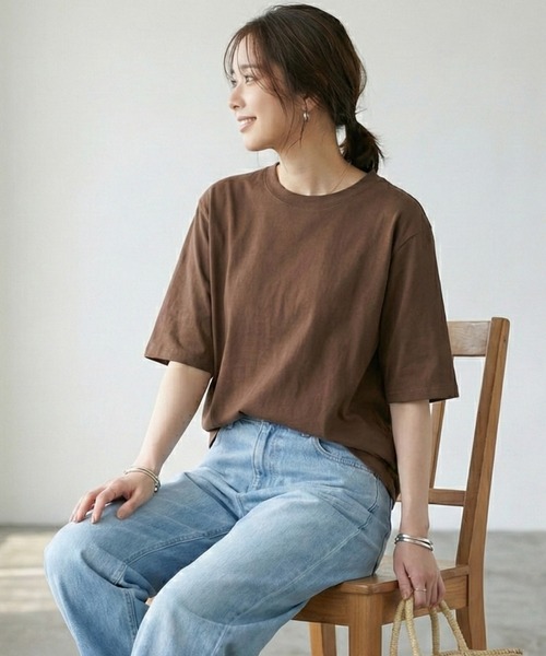 MULEXS(ミューレクス)の「【LL/3L】コットン100% ビッグTシャツ 半袖 オーバーサイズ カットソー レディース 大きいサイズ 体型カバー(Tシャツ/カットソー・レディース・ブルー/チャコール/ピンク/ブラウン・LL/3L(UB-))」の3枚目の写真