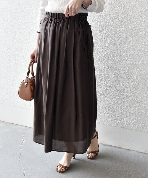 SHIPS any（シップス エニィ）の「SHIPS any:〈洗濯機可能〉リネン ミックス シアー ギャザー リボン スカート（スカート・レディース・ネイビー/ブラウン・ONE SIZE）」の10枚目の写真