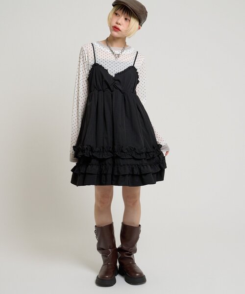 w closet（ダブルクローゼット）の「フリルミニキャミワンピース（ワンピース・レディース・ブラック/オフホワイト・FREE）」の18枚目の写真
