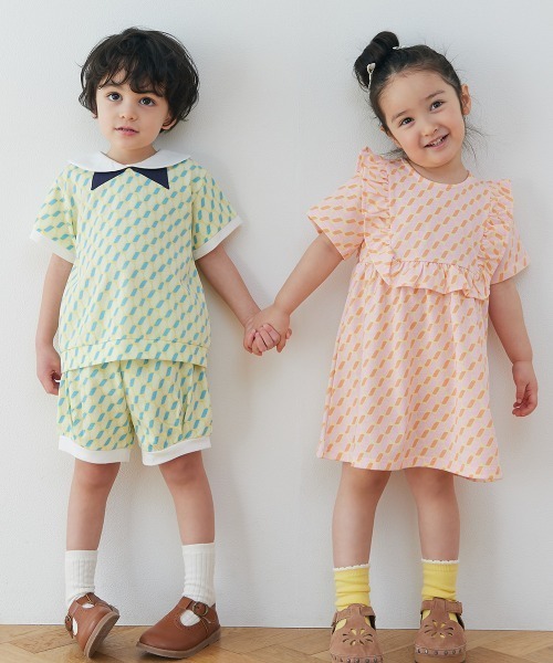 moimoln（モイモルン）の「【吸汗速乾】幾何学柄フリル半袖ワンピース（ワンピース・キッズ・ピンク・80ｃｍ/90cm/100cm/110cm/120cm/130cm）」の8枚目の写真