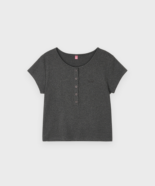 SINOON(シヌーン)の「SN Henley Neck Stripe Cap Sleeved T-shirt (Dark Melange Grey)(Tシャツ/カットソー・レディース・ダークグレー・SMALL/MEDIUM)」の5枚目の写真