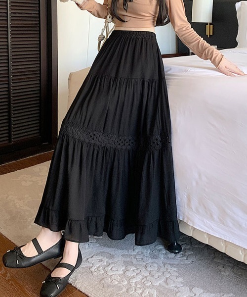 mielu(ミエル)の「フリルティアードスカート(スカート・レディース・ホワイト/ブラック・LARGE/MEDIUM)」の2枚目の写真