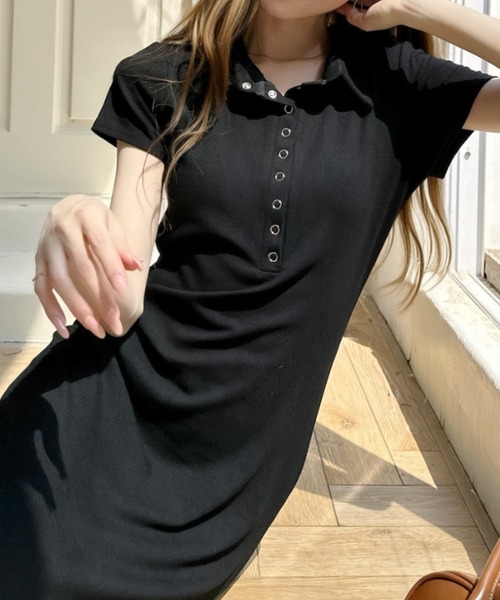 Ada.（エイダ）の「リングドットボタン付き リブ半袖ポロ タイトシルエットロングワンピ（ワンピース・レディース・ブルー/ブラック/ブラウン・FREE）」の4枚目の写真