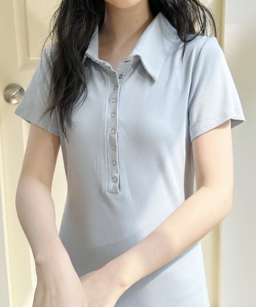 Ada.（エイダ）の「リングドットボタン付き リブ半袖ポロ タイトシルエットロングワンピ（ワンピース・レディース・ブルー/ブラック/ブラウン・FREE）」の18枚目の写真