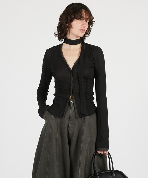 PRANK PROJECT（プランクプロジェクト）の「【2026Summer Pre-Order】アウトシームジャージーカーデ / Outseam Jersey Cardigan（カーディガン/ボレロ・レディース・ライトグレー/ブラック・FREE）」の5枚目の写真