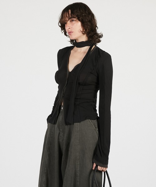 PRANK PROJECT（プランクプロジェクト）の「【2026Summer Pre-Order】アウトシームジャージーカーデ / Outseam Jersey Cardigan（カーディガン/ボレロ・レディース・ライトグレー/ブラック・FREE）」の6枚目の写真