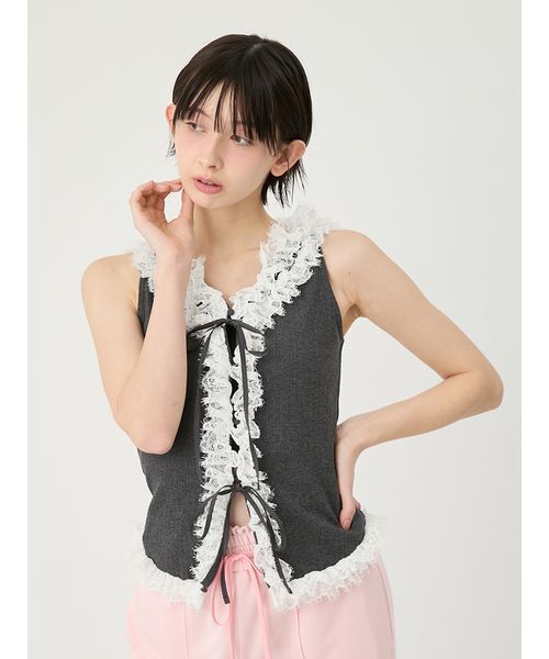 LILY BROWN(リリーブラウン)の「レースフリルコンビカットトップス(Tシャツ/カットソー・レディース・ホワイト/レッド/チャコールグレー・F)」の7枚目の写真
