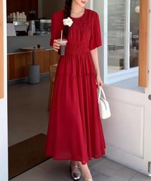 胸シャーリングクルーネック楊柳ロングワンピース
