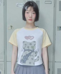 [キョンギXビデオザキ] ドットキャットクロップTシャツ [イエロー]