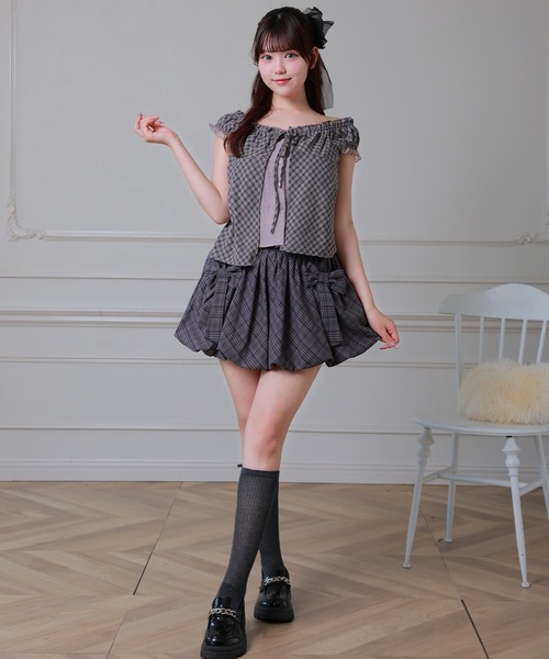Anely(アネリー)の「チェック柄 ダブルリボン バルーン ミニ スカート(スカート・レディース・チャコールグレー/パープル・FREE)」の11枚目の写真