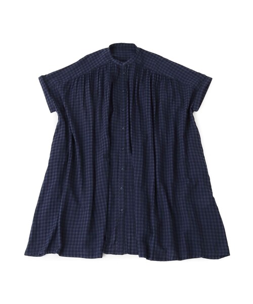 one'sterrace(ワンズテラス)の「【リンネル7月号掲載】ギンガムチェックギャザー5分袖ワイドワンピース(ワンピース・レディース・ネイビー系5/ブラック系8/ブルー系その他7・02)」の1枚目の写真