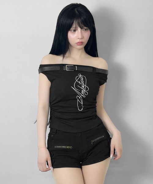 FOLLOWIN（フォロウィン）の「ベルトポイントロゴオフショルトップス（Tシャツ/カットソー・レディース・ブラック/グレー・FREE）」の18枚目の写真