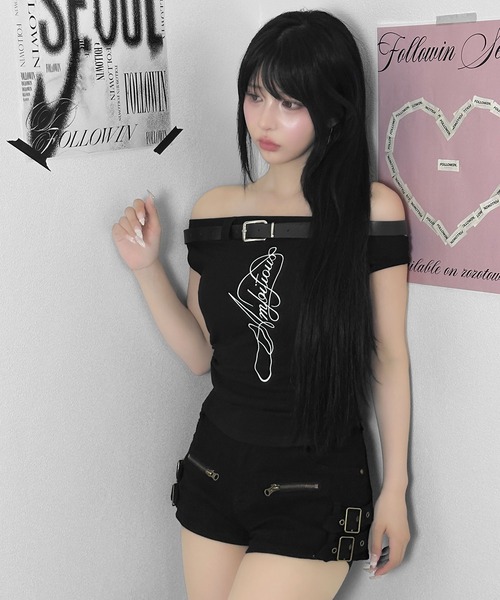 FOLLOWIN（フォロウィン）の「ベルトポイントロゴオフショルトップス（Tシャツ/カットソー・レディース・ブラック/グレー・FREE）」の21枚目の写真