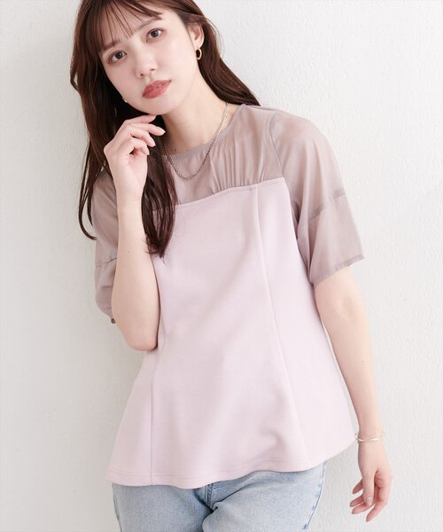 natural couture（ナチュラルクチュール）の「シアーペプラムトップス（Tシャツ/カットソー・レディース・ピンク/ベージュ/サックスブルー/オフホワイト/ブラック・FREE）」の5枚目の写真