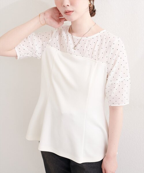 natural couture（ナチュラルクチュール）の「シアーペプラムトップス（Tシャツ/カットソー・レディース・ピンク/ベージュ/サックスブルー/オフホワイト/ブラック・FREE）」の6枚目の写真