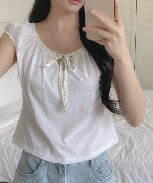 VIVID LADY(ビビッドレディー)の「ドットリボン パフスリーブ半袖トップス(Tシャツ/カットソー・レディース・チャコールグレー/ホワイト/ブラック・FREE)」の21枚目の写真