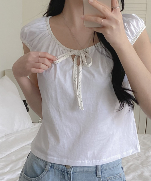 VIVID LADY(ビビッドレディー)の「ドットリボン パフスリーブ半袖トップス(Tシャツ/カットソー・レディース・チャコールグレー/ホワイト/ブラック・FREE)」の22枚目の写真