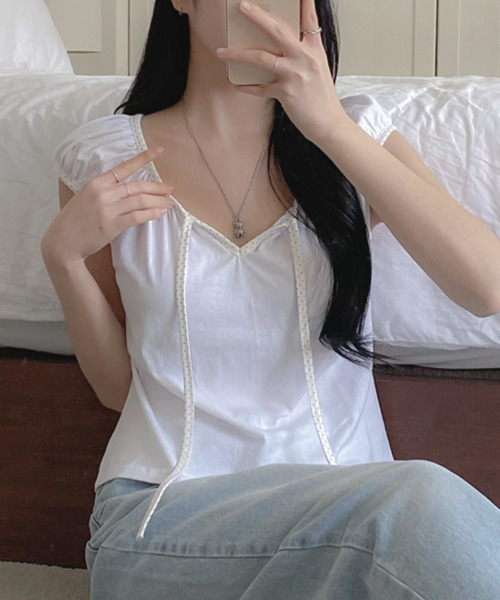 VIVID LADY(ビビッドレディー)の「ドットリボン パフスリーブ半袖トップス(Tシャツ/カットソー・レディース・チャコールグレー/ホワイト/ブラック・FREE)」の6枚目の写真