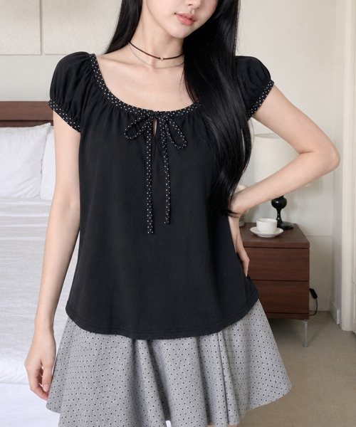 VIVID LADY(ビビッドレディー)の「ドットリボン パフスリーブ半袖トップス(Tシャツ/カットソー・レディース・チャコールグレー/ホワイト/ブラック・FREE)」の18枚目の写真