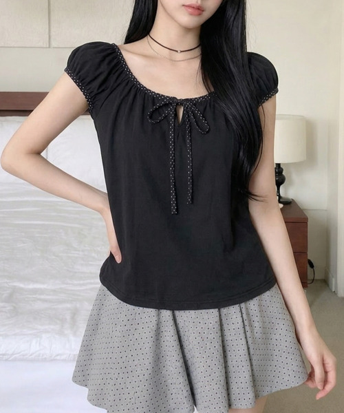 VIVID LADY(ビビッドレディー)の「ドットリボン パフスリーブ半袖トップス(Tシャツ/カットソー・レディース・チャコールグレー/ホワイト/ブラック・FREE)」の19枚目の写真