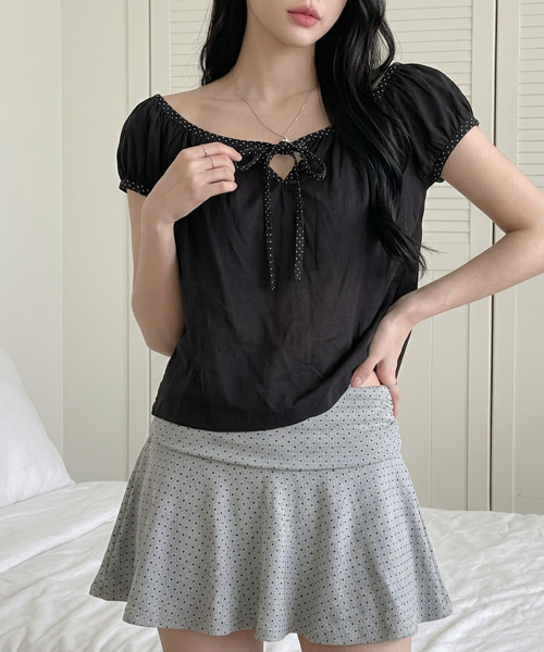 VIVID LADY(ビビッドレディー)の「ドットリボン パフスリーブ半袖トップス(Tシャツ/カットソー・レディース・チャコールグレー/ホワイト/ブラック・FREE)」の20枚目の写真