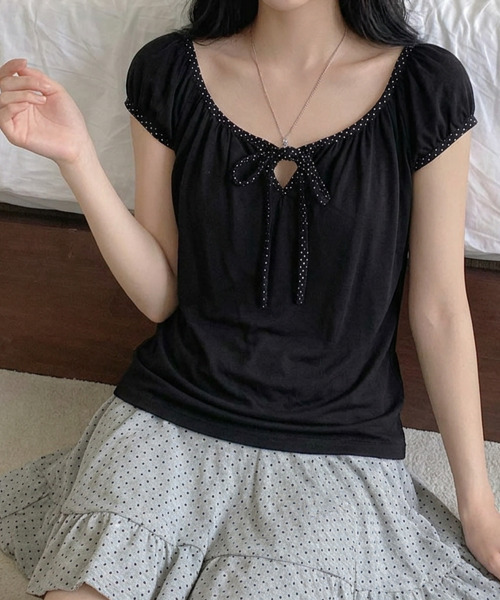 VIVID LADY(ビビッドレディー)の「ドットリボン パフスリーブ半袖トップス(Tシャツ/カットソー・レディース・チャコールグレー/ホワイト/ブラック・FREE)」の16枚目の写真