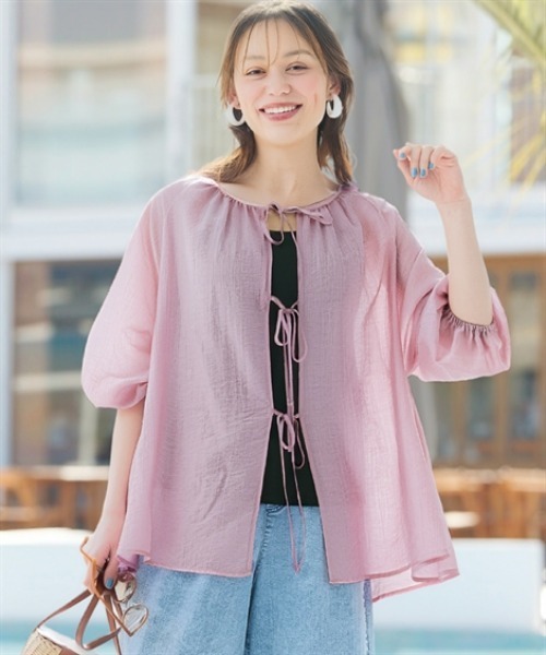 SMILE LAND(スマイルランド)の「<大きいサイズ>リボンデザインゆるシルエットシアーブラウス(シャツ/ブラウス・レディース・ブラック/モーブ系・L/5L/4L/LL/3L)」の3枚目の写真