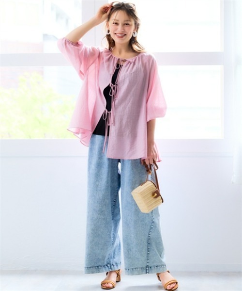 SMILE LAND(スマイルランド)の「<大きいサイズ>リボンデザインゆるシルエットシアーブラウス(シャツ/ブラウス・レディース・ブラック/モーブ系・L/5L/4L/LL/3L)」の4枚目の写真
