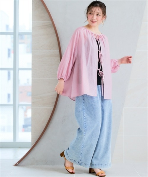 SMILE LAND(スマイルランド)の「<大きいサイズ>リボンデザインゆるシルエットシアーブラウス(シャツ/ブラウス・レディース・ブラック/モーブ系・L/5L/4L/LL/3L)」の8枚目の写真