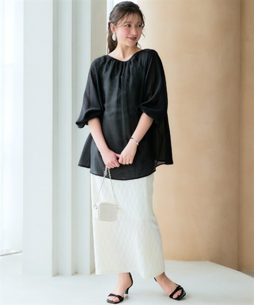 SMILE LAND(スマイルランド)の「<大きいサイズ>リボンデザインゆるシルエットシアーブラウス(シャツ/ブラウス・レディース・ブラック/モーブ系・L/5L/4L/LL/3L)」の12枚目の写真