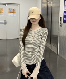 配色ヘンリーネック ボーダーリブ長袖トップス
