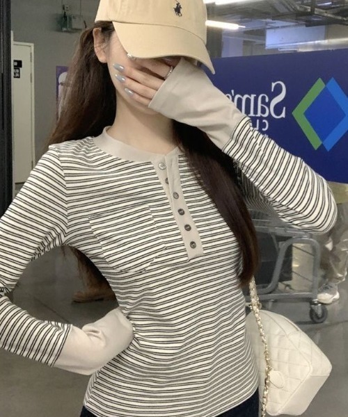Sibra（シブラ）の「配色ヘンリーネック ボーダーリブ長袖トップス（Tシャツ/カットソー・レディース・ブルー/アイボリー・M）」の8枚目の写真