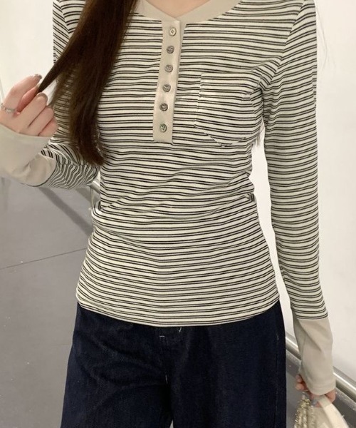 Sibra（シブラ）の「配色ヘンリーネック ボーダーリブ長袖トップス（Tシャツ/カットソー・レディース・ブルー/アイボリー・M）」の10枚目の写真