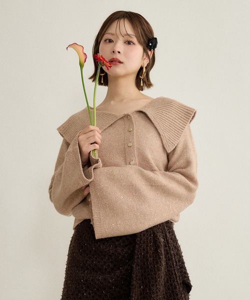 mideal(マイディール)の「spangle wide collar knit / スパンコールワイドカラーニット(ニット/セーター・レディース・ネイビー/ピンク/ボルドー・FREE)」の3枚目の写真