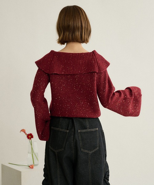 mideal(マイディール)の「spangle wide collar knit / スパンコールワイドカラーニット(ニット/セーター・レディース・ネイビー/ピンク/ボルドー・FREE)」の7枚目の写真
