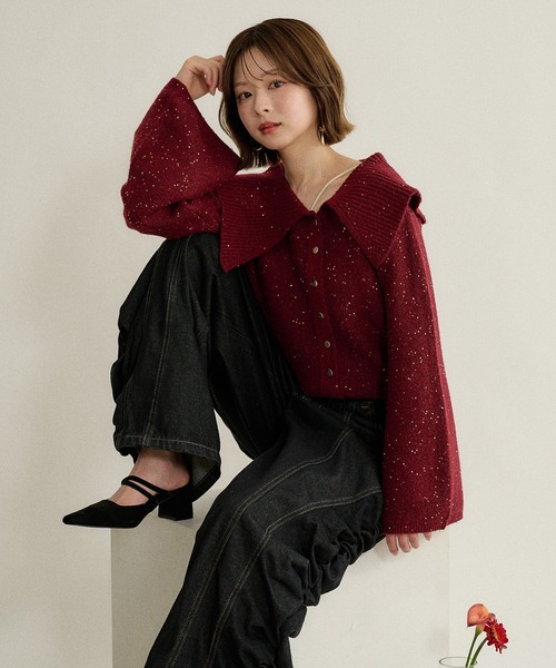 mideal(マイディール)の「spangle wide collar knit / スパンコールワイドカラーニット(ニット/セーター・レディース・ネイビー/ピンク/ボルドー・FREE)」の8枚目の写真