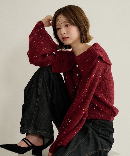 mideal(マイディール)の「spangle wide collar knit / スパンコールワイドカラーニット(ニット/セーター・レディース・ネイビー/ピンク/ボルドー・FREE)」の9枚目の写真