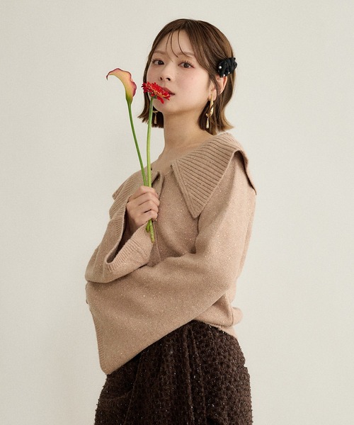 mideal(マイディール)の「spangle wide collar knit / スパンコールワイドカラーニット(ニット/セーター・レディース・ネイビー/ピンク/ボルドー・FREE)」の19枚目の写真