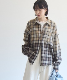 裾フリンジチェックシャツ