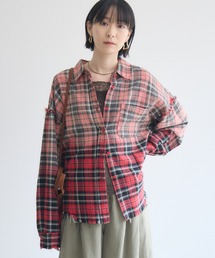 裾フリンジチェックシャツ
