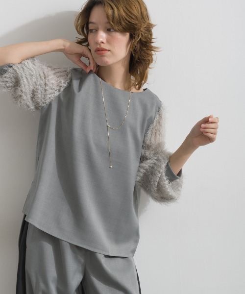 Material(Avenue)(マテリアル)の「【Material】サージ×フリンジジャガード 袖切替 バックジップ プルオーバーブラウス セットアップ可(シャツ/ブラウス・レディース・ブラック/ダークブラウン/杢グレー・FREE)」の2枚目の写真