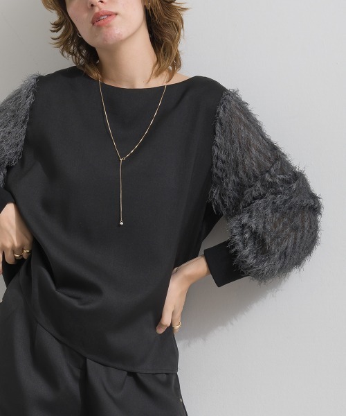 Material(Avenue)(マテリアル)の「【Material】サージ×フリンジジャガード 袖切替 バックジップ プルオーバーブラウス セットアップ可(シャツ/ブラウス・レディース・ブラック/ダークブラウン/杢グレー・FREE)」の1枚目の写真