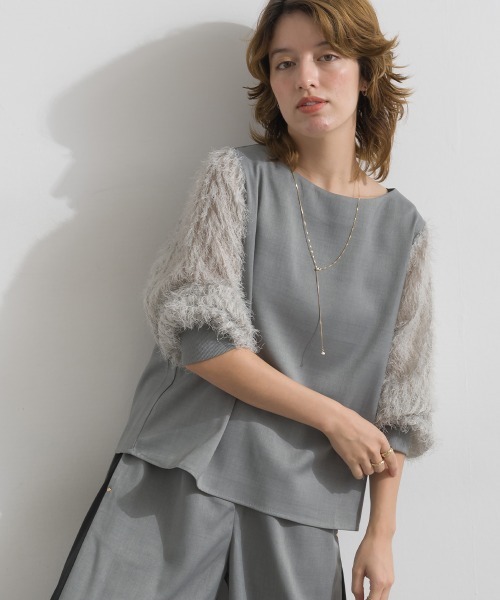 Material(Avenue)(マテリアル)の「【Material】サージ×フリンジジャガード 袖切替 バックジップ プルオーバーブラウス セットアップ可(シャツ/ブラウス・レディース・ブラック/ダークブラウン/杢グレー・FREE)」の4枚目の写真