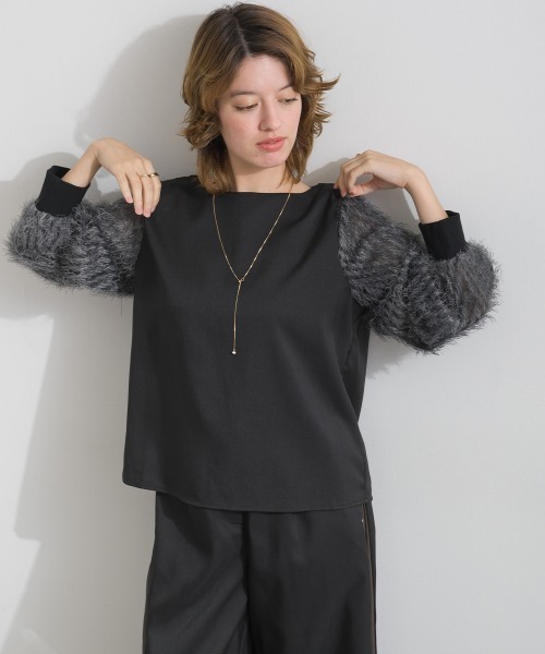 Material(Avenue)(マテリアル)の「【Material】サージ×フリンジジャガード 袖切替 バックジップ プルオーバーブラウス セットアップ可(シャツ/ブラウス・レディース・ブラック/ダークブラウン/杢グレー・FREE)」の20枚目の写真