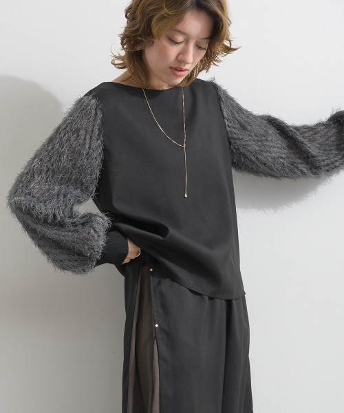 Material(Avenue)(マテリアル)の「【Material】サージ×フリンジジャガード 袖切替 バックジップ プルオーバーブラウス セットアップ可(シャツ/ブラウス・レディース・ブラック/ダークブラウン/杢グレー・FREE)」の21枚目の写真