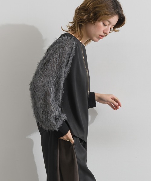 Material(Avenue)(マテリアル)の「【Material】サージ×フリンジジャガード 袖切替 バックジップ プルオーバーブラウス セットアップ可(シャツ/ブラウス・レディース・ブラック/ダークブラウン/杢グレー・FREE)」の19枚目の写真