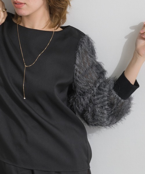 Material(Avenue)(マテリアル)の「【Material】サージ×フリンジジャガード 袖切替 バックジップ プルオーバーブラウス セットアップ可(シャツ/ブラウス・レディース・ブラック/ダークブラウン/杢グレー・FREE)」の22枚目の写真