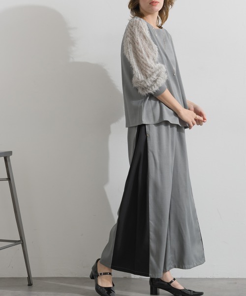 Material(Avenue)(マテリアル)の「【Material】サージ×フリンジジャガード 袖切替 バックジップ プルオーバーブラウス セットアップ可(シャツ/ブラウス・レディース・ブラック/ダークブラウン/杢グレー・FREE)」の5枚目の写真