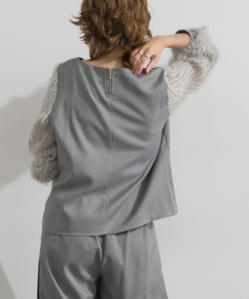 Material(Avenue)(マテリアル)の「【Material】サージ×フリンジジャガード 袖切替 バックジップ プルオーバーブラウス セットアップ可(シャツ/ブラウス・レディース・ブラック/ダークブラウン/杢グレー・FREE)」の6枚目の写真